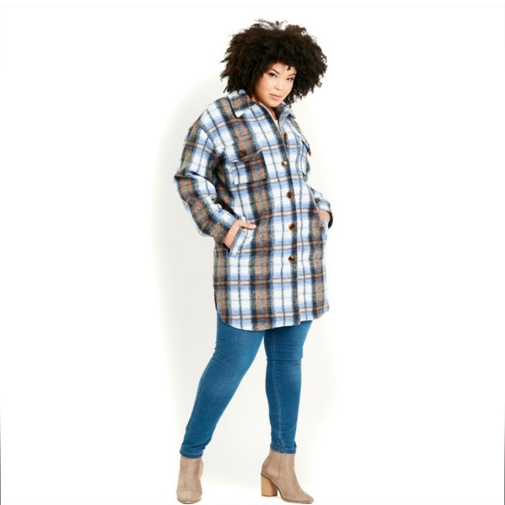🏷️Plaid Shacket Longline Midi Plus Blue Brown Women's 2X 18/20
